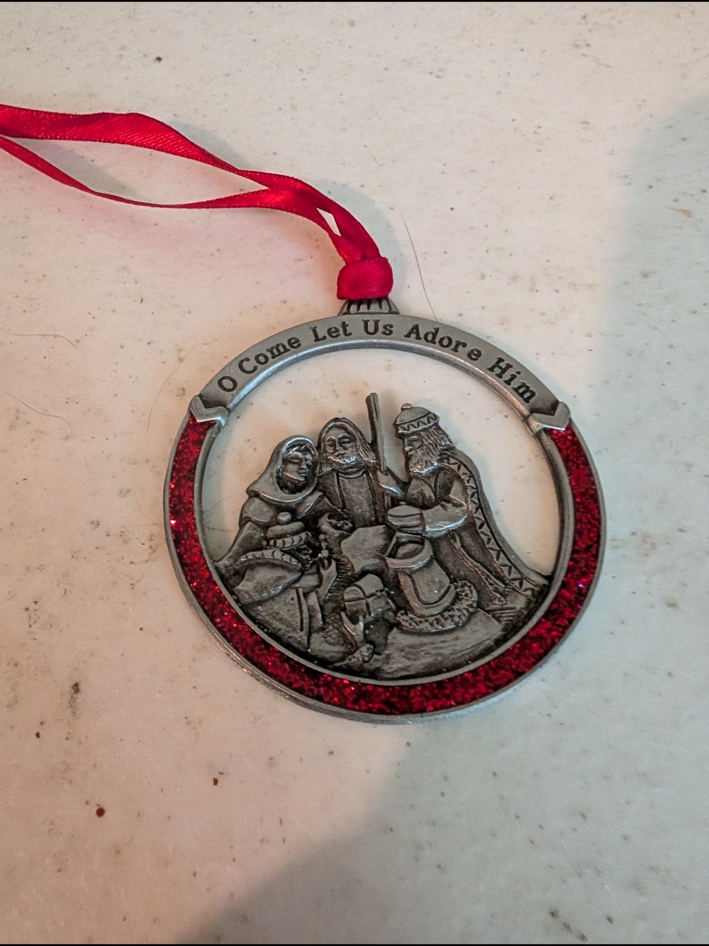 Pewter Nativity Holiday Ornament with Red Accents - O Come Let Us Adore Him